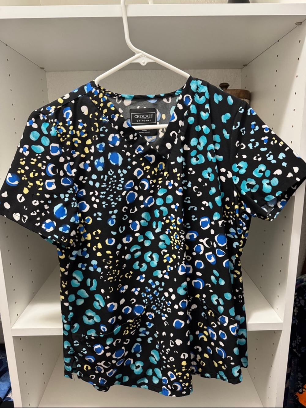 Cherokee Black Scrub Top with Blue, Teal & Yellow Leopard Print